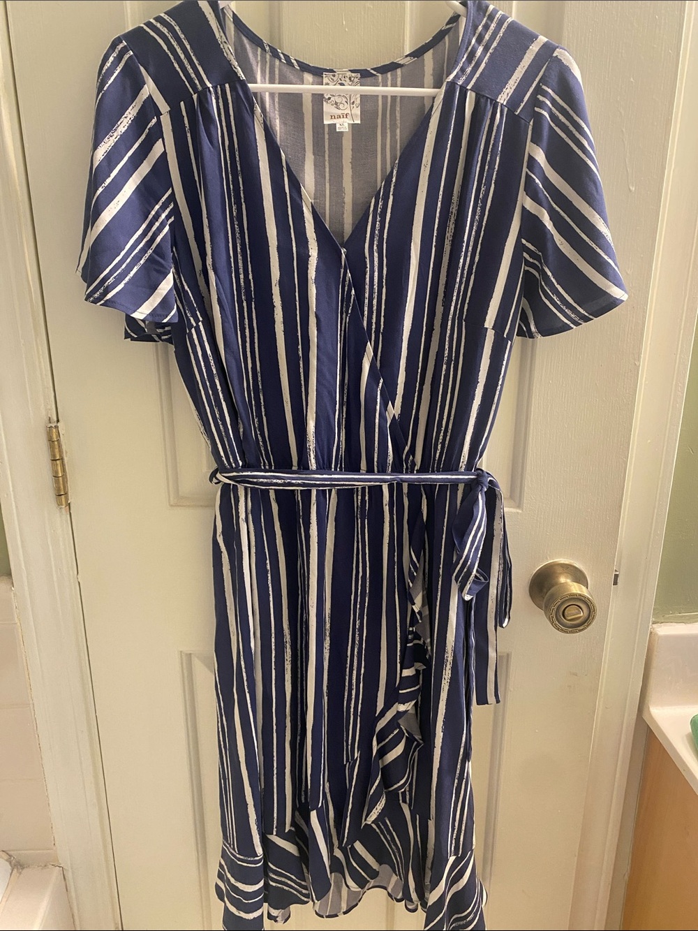 NAIF Navy and White Striped Midi Wrap Dress